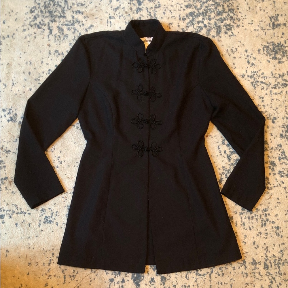 Tailored Black Mandarin Collar Blazer with Decorative Frog Closures
